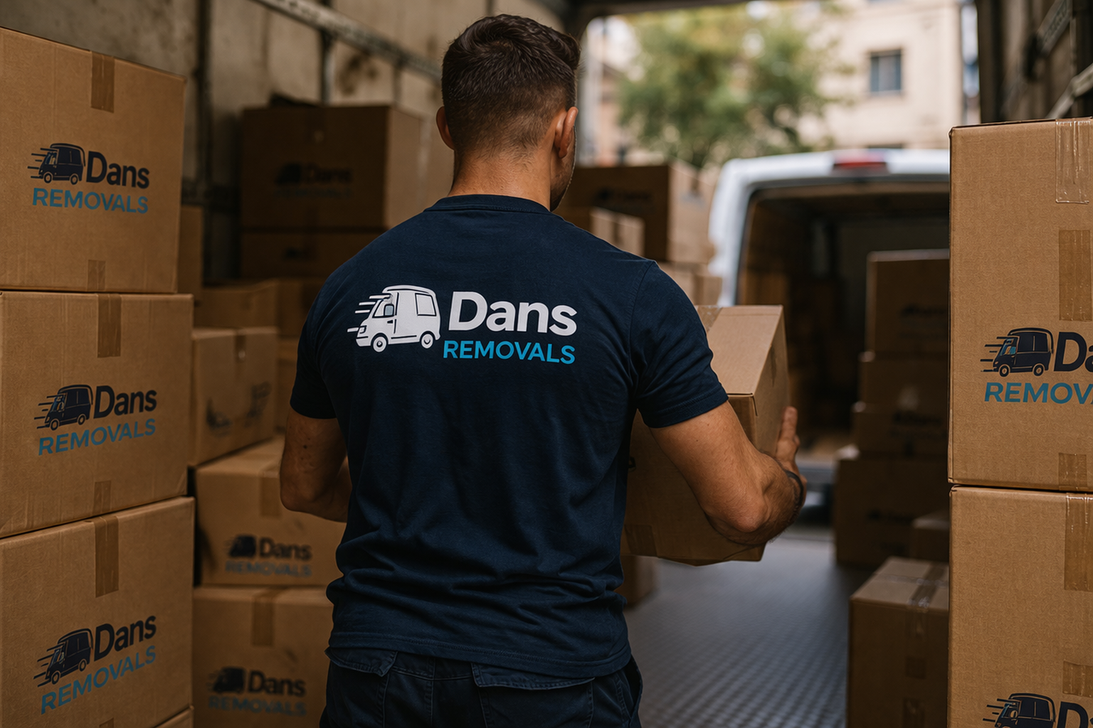Dans Removals team member carrying boxes in branded uniform